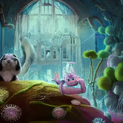 Image similar to ghost mansion, expressive eyes, floating, rbc, bunny, radiolaria, protophyta, micro - organisms, center frame, symmetric, rim light, marine microbiology, bioluminescence, electric, fur, soft, concept art, intricate details, highly detailed, colorful, photorealistic, disney pixar, octane render, iridescent, anime