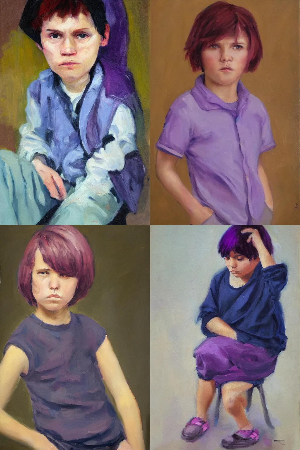 Prompt: pretty tomboy with short purple hair, looking grumpy, oil painting