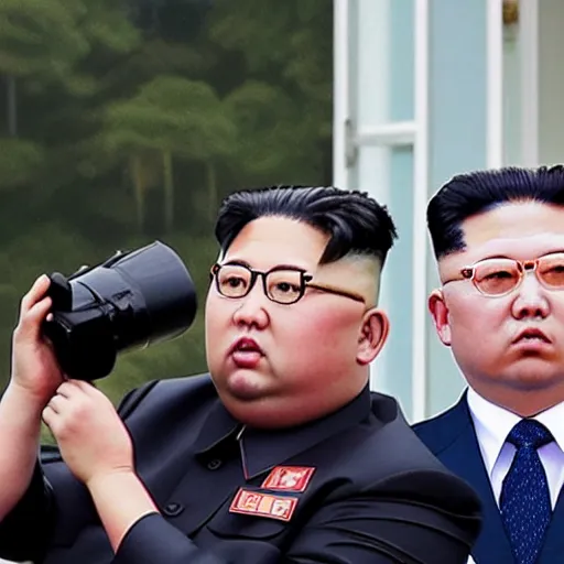 Image similar to trump and kim jong un looking at military parade with binoculars