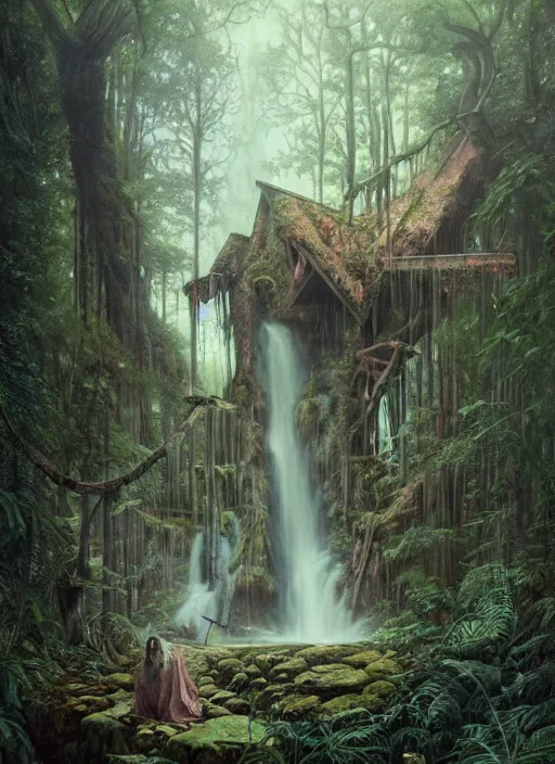 Image similar to a hyper realistic architectural witch shrine under a waterfall in the woods, gorgeous lighting, lush forest foliage, painting by chiara bautista and tom bagshaw, muca beksinski and norman rockwell and greg rutkowski weta studio, and lucasfilm