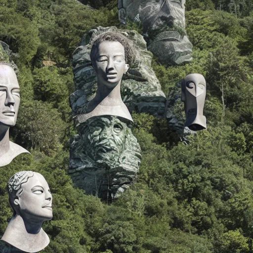 Image similar to gigantic concrete human head busts, integrated in the mountains, surrounded by vegetation, perspective shot from the sky, realistic, by origiful, 4 k