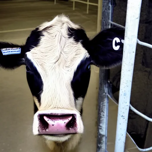 Image similar to mugshot of a cute calf dressed as an inmate inside jail