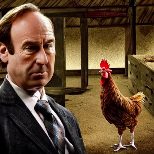 Image similar to saul goodman and a rooster in a medieval torture chamber, saw blades and knives in the background, horror movie, saul goodman, rooster, real life photo, detailed face