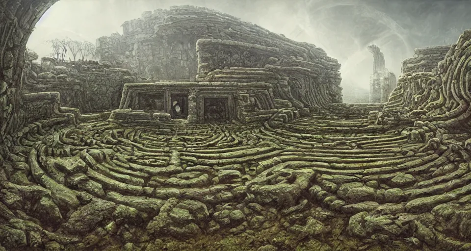 Prompt: ancient greek overgrown labyrinthwith an gigantic ancient altar in the center, by giger, stalenhag, beksinski, retro sci - fi movie, highly detailed, photorealistic, illustration, matte painting, 8 k, trending on artstation
