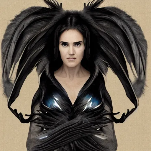 Image similar to young innocent jennifer connelly as alien bird - woman, gray skin, wearing black hooded cloak, huge wings, black feathers instead of hair, black feathers growing out of skin, bumpy skin, screaming, losing control, black feathers growing out of face, black hands with black claws, comic book, giger, mucha, trending on artstation