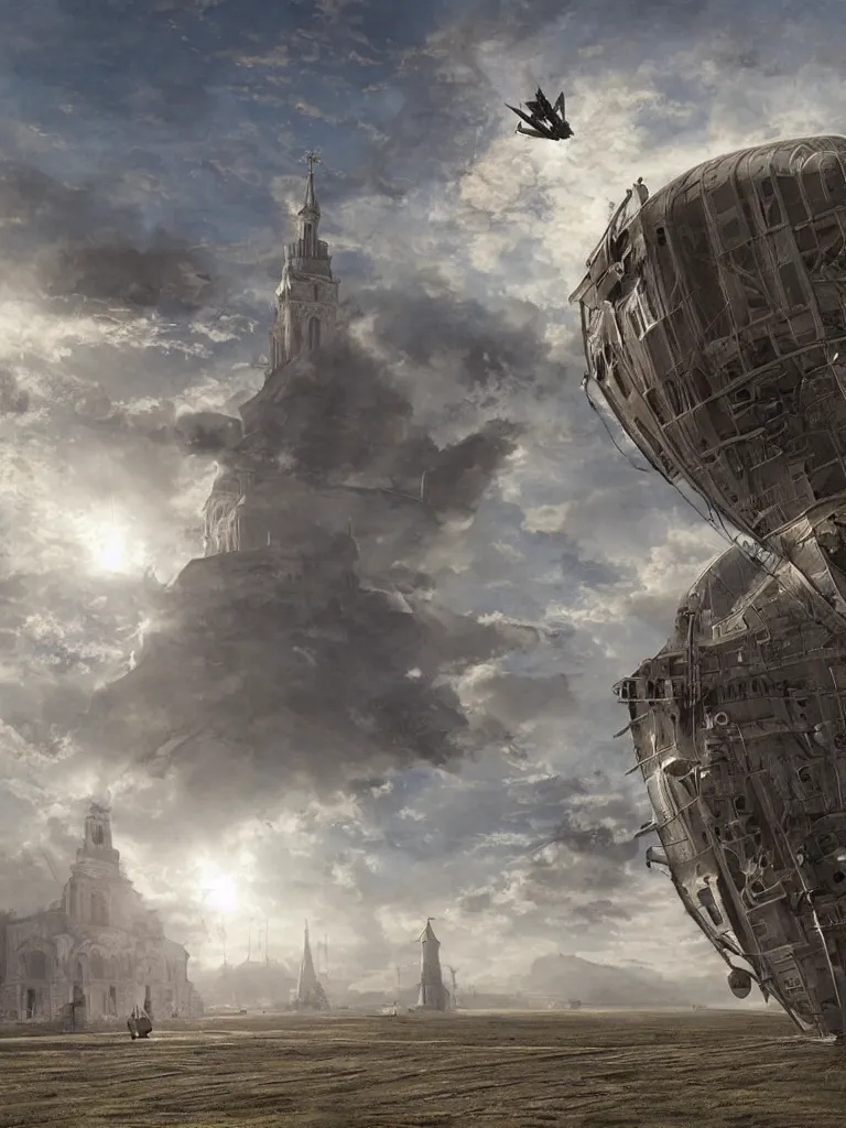 Image similar to a large dieselpunk airship is standing in the air over a splendid white church in russia, full morning sun, matte painting by craig mullins