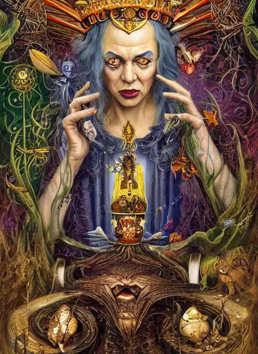 Image similar to tarot card of the queen of dreams by carol bak, jacek yerka, Gediminas Pranckevicius, alex gray, dan mumford and h.r. giger, oil on canvas, 8k highly professionally detailed, HDR, trending on artstation