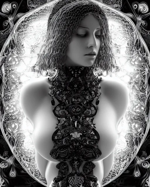 Prompt: mythical dreamy black and white profile face portrait of translucent beautiful female angelic - human - queen - vegetal - cyborg, highly detailed, intricate crystal ivy jelly ornate, poetic, translucent roses ornate, 3 d render, digital art, octane render, 8 k artistic photography, photo - realistic, by dora maar