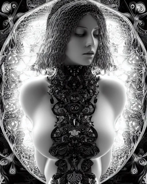 Image similar to mythical dreamy black and white profile face portrait of translucent beautiful female angelic - human - queen - vegetal - cyborg, highly detailed, intricate crystal ivy jelly ornate, poetic, translucent roses ornate, 3 d render, digital art, octane render, 8 k artistic photography, photo - realistic, by dora maar