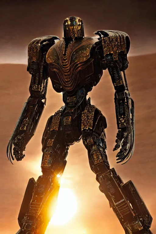 Image similar to cinematic still in dune movie and pacific rim movie and ps 5 game machine warrior 5, intricate ornate humanoid mecha warrior,