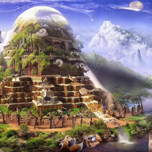 Prompt: highly detailed civilization in symbiosis with nature and technology in harmony