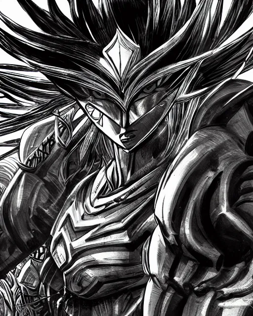 Image similar to Invasion, black and white, highly detailed face, close-up, fantasy art, fighting art, in the style of masami kurumada, illustration, epic, fantasy, intricate, hyper detailed, artstation, concept art, smooth, sharp focus, ray tracing