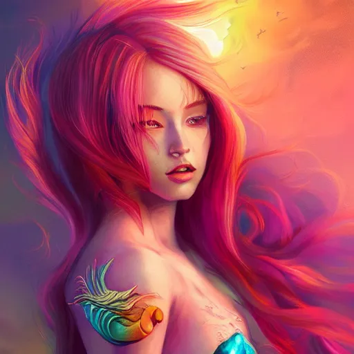 Image similar to a beautiful stunning interesting detailed fantasy whimsical matte digital portrait illustration of a mermaid with turqoise hair, yellow-orange and red-violet sunset, spectacular sunset, a painting by Ross Tran, trending on artstation hq, contest winner