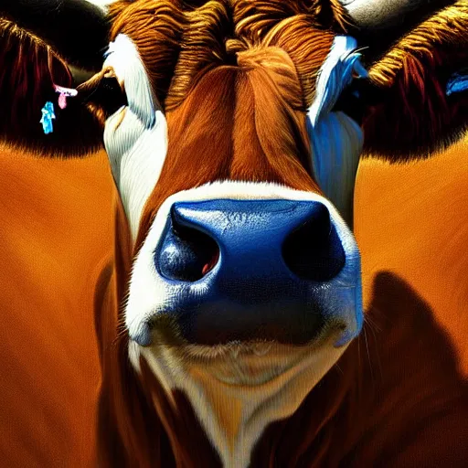 Image similar to digital painting of a guernsey cow by filipe pagliuso and justin gerard, symmetric, fantasy, highly, detailed, realistic, intricate