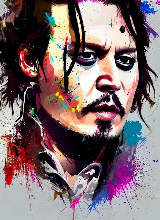 Prompt: young beautiful johnny depp portrait, paint splatters, style by simon bisley, ismail inceoglu, wadim kashin, filip hodas, benedick bana, and andrew atroshenko.