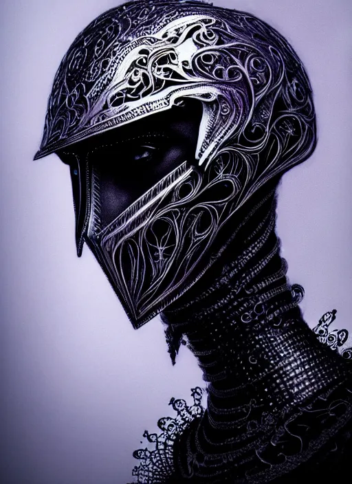 Prompt: lace armor witchy dark, iris van herpen, helmet on face, portrait, voluminous, masterpiece, intricate, highly detailed, artstation, dreamy ghost, concept art