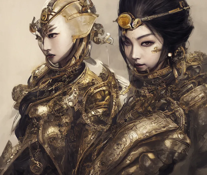 Prompt: ancient chinese princess with steampunk mask, dynasty warriors, elegant, unreal engine, 8 k, silver and gold color scheme, headshot, highly detailed, smooth, ink painting, artstation, concept art, in style of yoji shinkawa, pan ren wei, col price, atey ghailan, by greg rutkowski, aesthetic