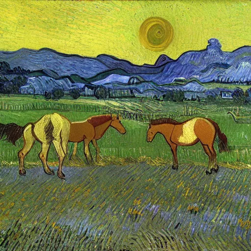 Prompt: horses standing in a field in the moonlight, award winning painting by Vincent van gogh, highly detailed, masterpiece