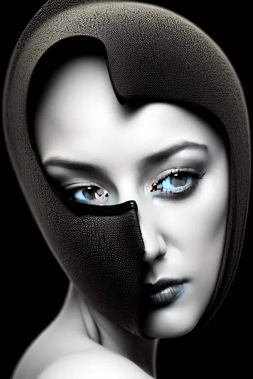 Image similar to portrait of a young beautiful woman with a mask. contemporary photograph, speed painting, fractal, mandelbulb. black and white, black on black. intricate, elegant, super highly detailed, professional digital painting, concept art, smooth, sharp focus, no blur, no dof, extreme illustration, Unreal Engine 5, Photorealism, HD quality, 8k resolution, 3D, beautiful, cinematic, art