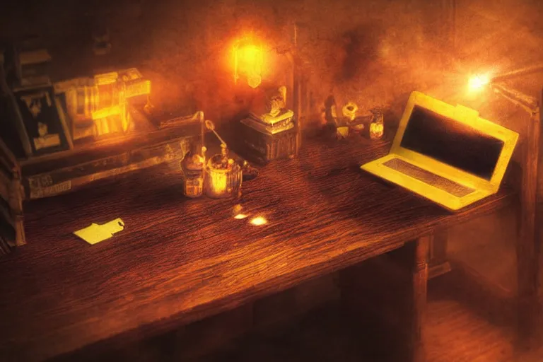 Image similar to office desk with a spilled glowing orange potion, 1 2 th century fantasy photograph, featured on pixiv, magical potion