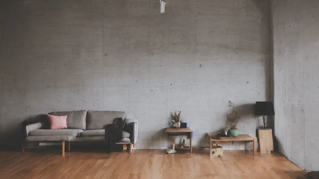 Image similar to dslr photograph of a living room, wooden floor, concrete wall
