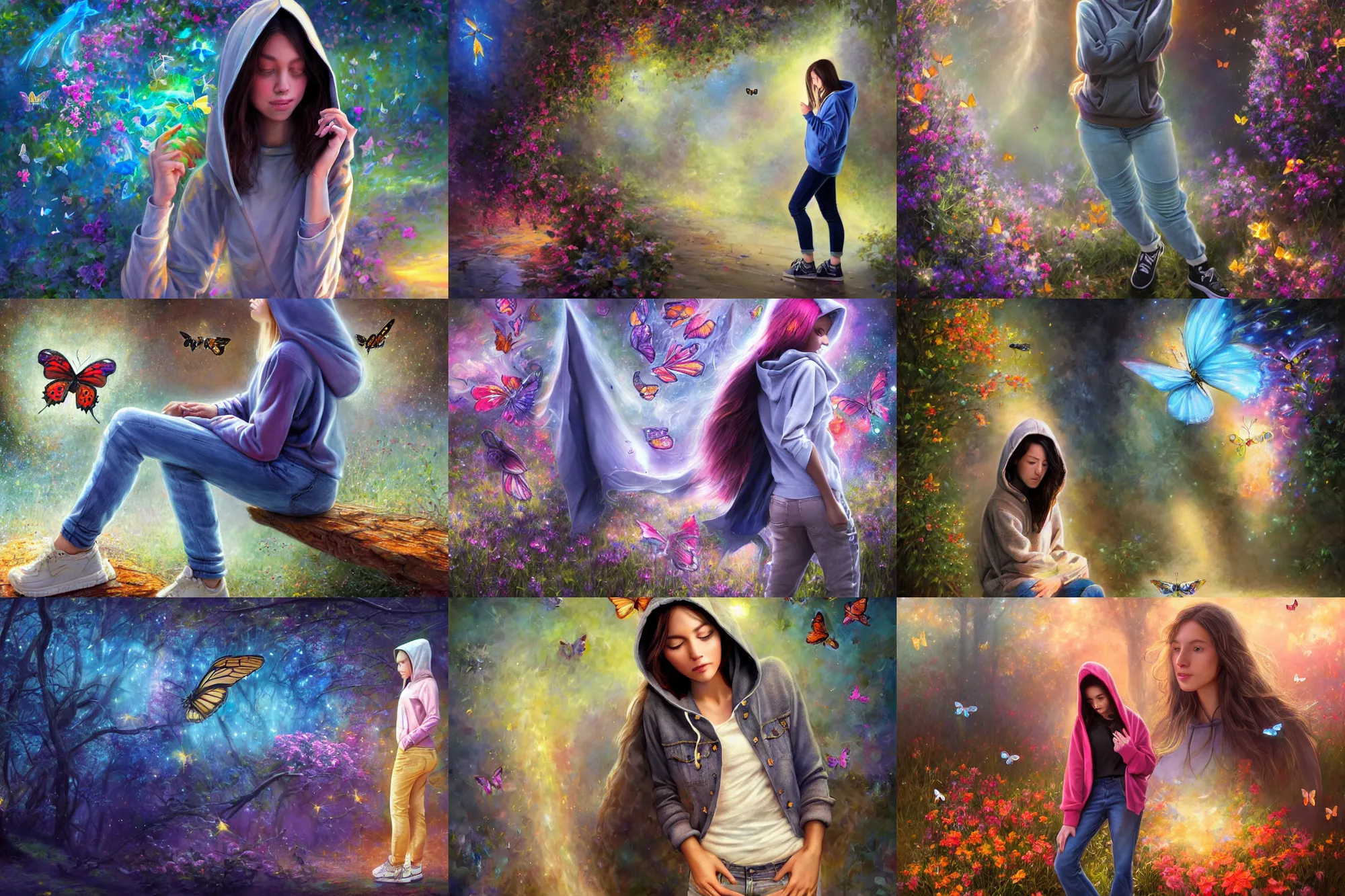 Prompt: distant full long wide view shot young woman in a hoodie, jean pants, sneakers, enchanting an illusory spell. butterflies, flowers, fireflies, spirits, digital painting, detailed, colorful aura, 8 k, trending on artstation, smooth, sharp focus artwork by mark arian, artgerm, mark keathley, greg rutkowski