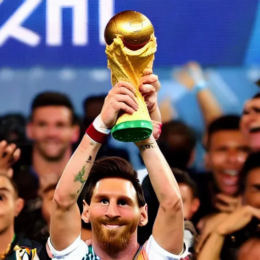 Image similar to a picture of messi holding the fifa world cup