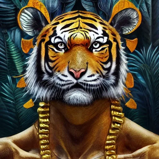 Image similar to a very high detailed tiger crossed with a muscular human body, wearing a very detailed golden crown, tattoo on shoulder, in a highly detailed jungle, full body, majestic, symmetric, Golden crown, crown on head, digital art, concept art, greg rutkowski, Nikolai Karelin, Hou China, trending artstation