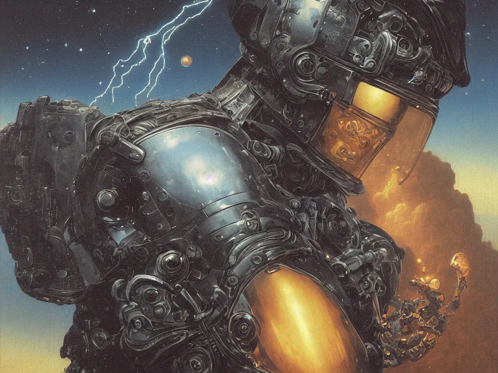 Image similar to a detailed close up portrait painting of a bounty hunter in combat armour and visor. cinematic sci-fi poster. Flight suit, accurate anatomy. portrait symmetrical and science fiction theme with lightning, aurora. lighting. clouds and stars. Futurism by beksinski carl spitzweg moebius and tuomas korpi. baroque elements. baroque element. intricate artwork by caravaggio. Oil painting. Trending on artstation. 8k