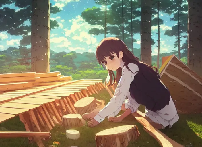 Image similar to portrait of a woman building a log cabin, illustration concept art anime key visual, trending pixiv fanbox by wlop and greg rutkowski and makoto shinkai and studio ghibli and kyoto animation