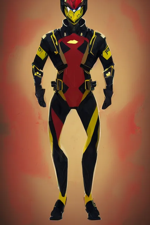 Prompt: a full body portrait of a hero concept he is wearing a yellow, red and black suit, concept art, trending on artstation, very detailed,