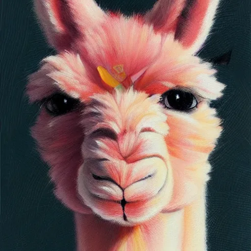 Image similar to detailed portrait painting of a pink alpaca wearing a suit, manga, trending on artstation, by Hayao Miyazaki, beautiful, colorful