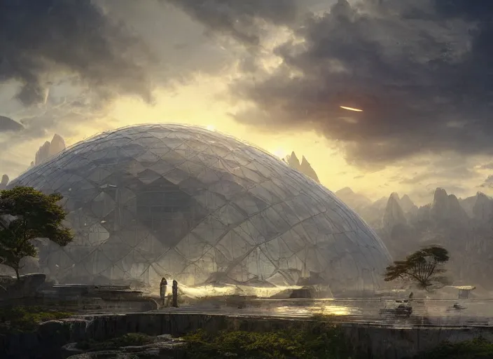 Image similar to highly detailed digital matte painting of a beautiful biodome, by Raphael LaCoste and Ruan Jia and Robert McCall, postcyberpunk, geodesic dome, hyperdetailed, sunrise, wide shot, autochrome, octane render