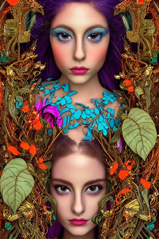 Prompt: cinema 4d colorful render, organic, dark scene, ultra detailed, of a porcelain beautiful arianna grande face. biomechanical, analog, macro lens, hard light, big leaves and large orange Dragonflies, stems, roots, fine foliage lace, turquoise gold details, high fashion haute couture, art nouveau fashion embroidered, intricate details, mesh wire, mandelbrot fractal, anatomical, facial muscles, cable wires, elegant, hyper realistic, in front of dark flower pattern wallpaper, ultra detailed