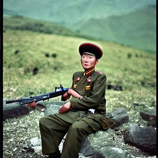 Prompt: A film photography from the 90's of a North Korean resistance rebel soldier photo by Slim Aarons, award winning, good composition, catolog