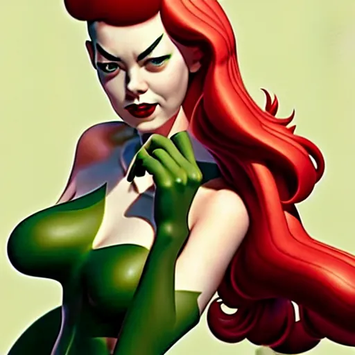 Prompt: phil noto, artgerm, 1 9 5 0 s rockabilly emma stone poison ivy dc comics, pompadour, long hair, vines, symmetrical eyes, city rooftop