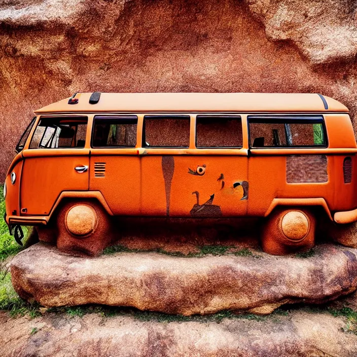 Image similar to image of ancient vw bus on the wall, mammoths and hunters, ancient prehistoric rock art in a cave style, red ocher paint