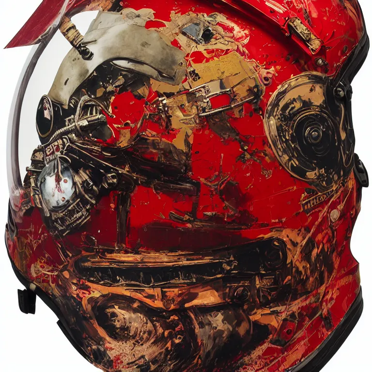 Prompt: portrait of a military fighter pilot in ornate motorcycle dirt helmet in a helmet background red plastic bag, circuitboard,, rich deep colors, ultra detail, by francis bacon, james ginn, petra courtright, jenny saville, gerhard richter, zdzisaw beksinsk, takato yamamoto. masterpiece, elegant fashion studio ighting 3 5 mm