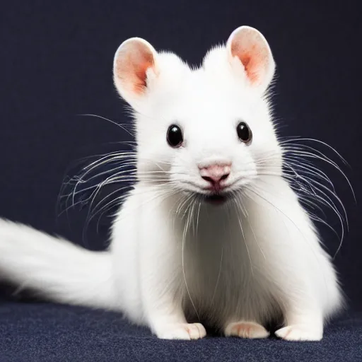 Prompt: singular animal that is white cat cross white rabbit cross white ferret, studio photography