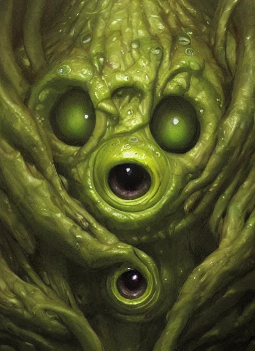 Image similar to portrait of green noise an amorphous blob, slimy alien creature with hundreds of eyes, eyes!!!!!, it has several human arms out stretched to grab me. painted by greg rutkowski, wlop,,