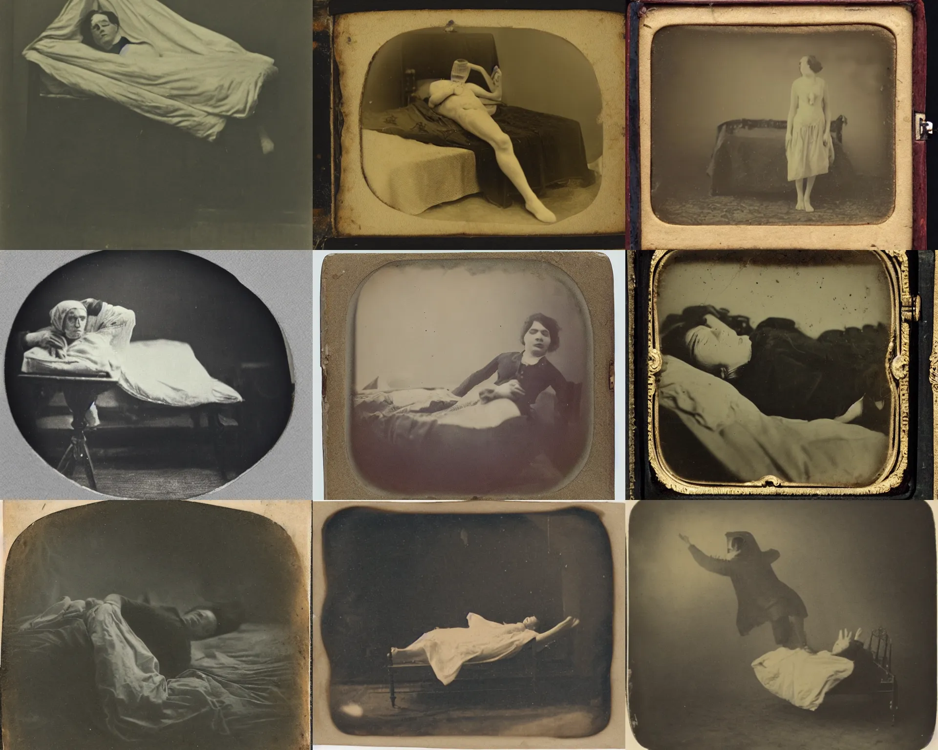 Prompt: daguerreotype photo of a person being thrown out of bed by a phantom limb, detailed and creepy, ectoplasm