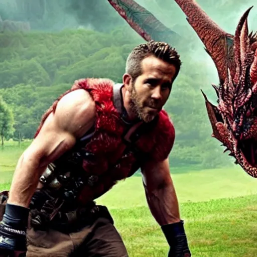 Image similar to Ryan Reynolds fighting a Dragon in the style of Dungeons and Dragons