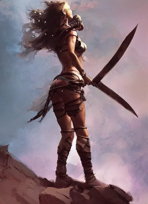 Image similar to hyper realistic warrior girl with sword in her hand, full body, rule of thirds, human proportion, good anatomy, beautiful face, conceptart, saturated colors, cinematic, vallejo, frazetta, greg rutkowski