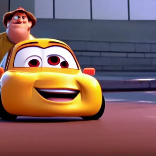 Prompt: danny devito as a car in pixar's cars 2