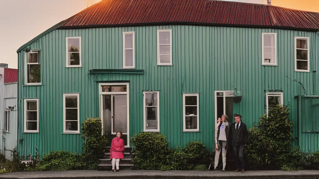 Prompt: a couple, green house, quiet street, reykjavik, sunset lighting, rim light, hyper realistic, 1 0 5 mm, cinematic frame