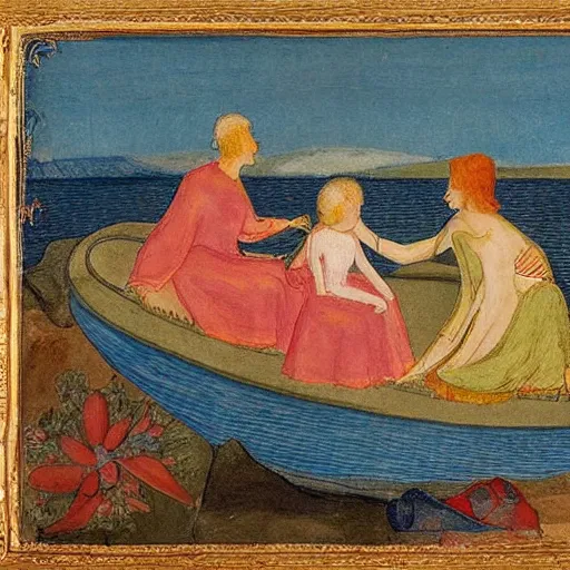 Image similar to The conceptual art depicts a group of well-dressed women and children enjoying a leisurely boat ride on a calm day. The women are chatting and laughing while the children play with a toy boat in the foreground. by Phoebe Anna Traquair flowing