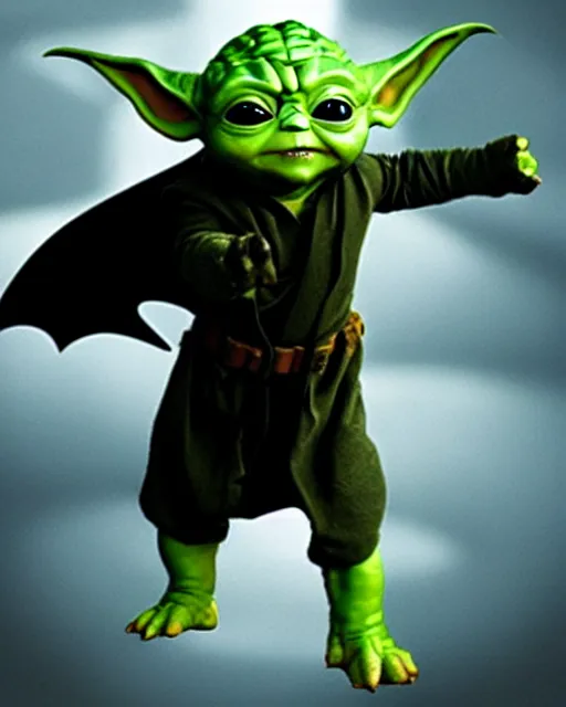 Prompt: epic action still of baby yoda wearing batman outfit as batman in the style of batman the dark knight rises