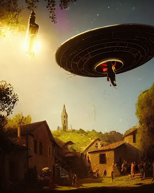 Prompt: ufo landing in italian medieval village, ultra realistic, lens flare, atmosphere, glow, detailed, intricate, full of colour, cinematic lighting, trending on artstation, 4 k, hyperrealistic, focused, extreme details, cinematic, masterpiece, by ismail inceoglu