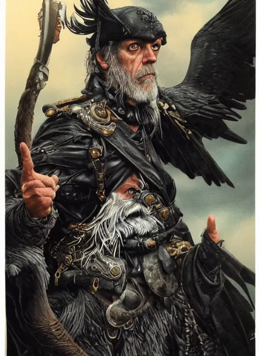 Prompt: hugh laurie as odin with only one eye, wearing a leather eye-patch!, a raven on his shoulder, dark background, stormy clouds, hyperrealistic, very detailed painting by Glenn Fabry, by Joao Ruas, by Artgerm