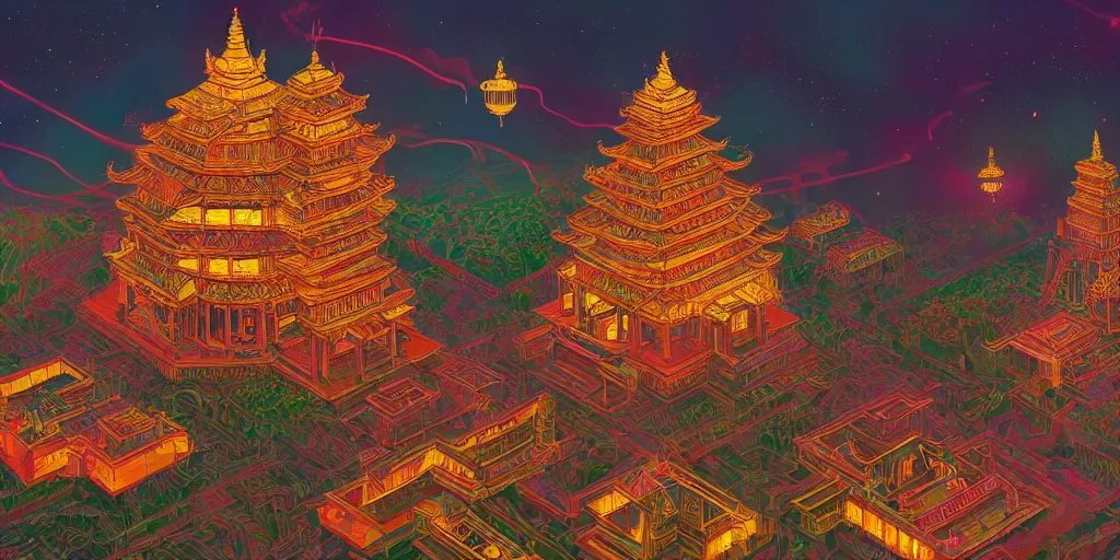 Prompt: a temple made of semiconductors, by Naomi Okubo, landscape, dramatic lighting, high contrast colors, panoramic view, as trending on Artstation,